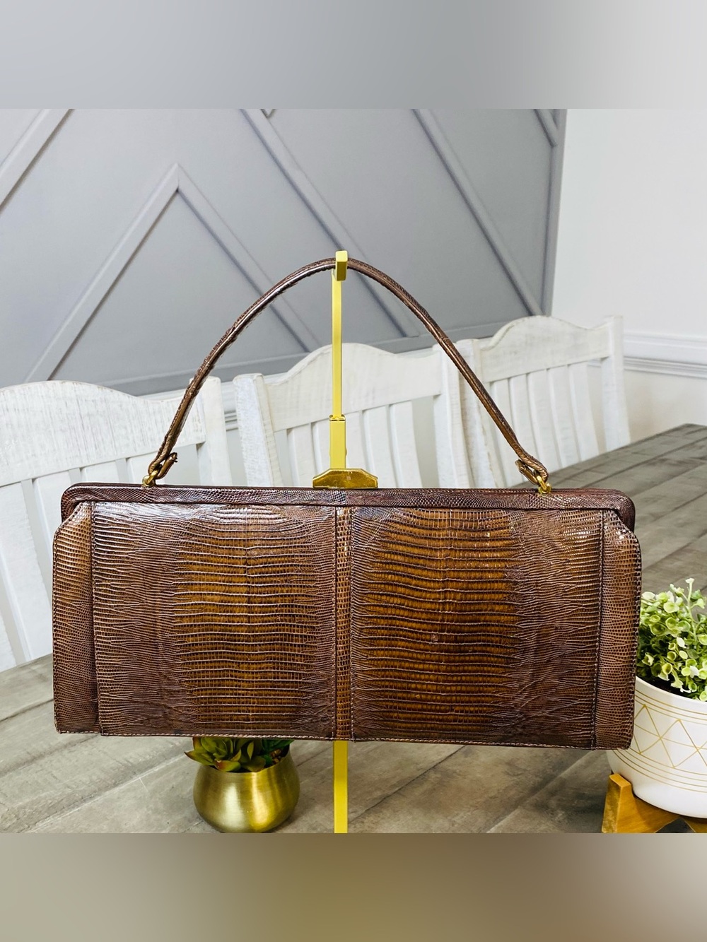 Vintage Palizzio Tegu Lizard Brown Rigid Rectangle Frame 1950s - 1960s Handbag